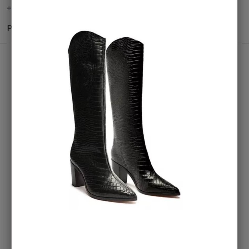 Black Croc-Embossed Knee-High Boots